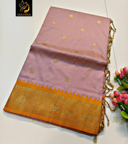 Lavender & Golden Yellow Banarasi Soft Silk Saree with Rich Zari Border