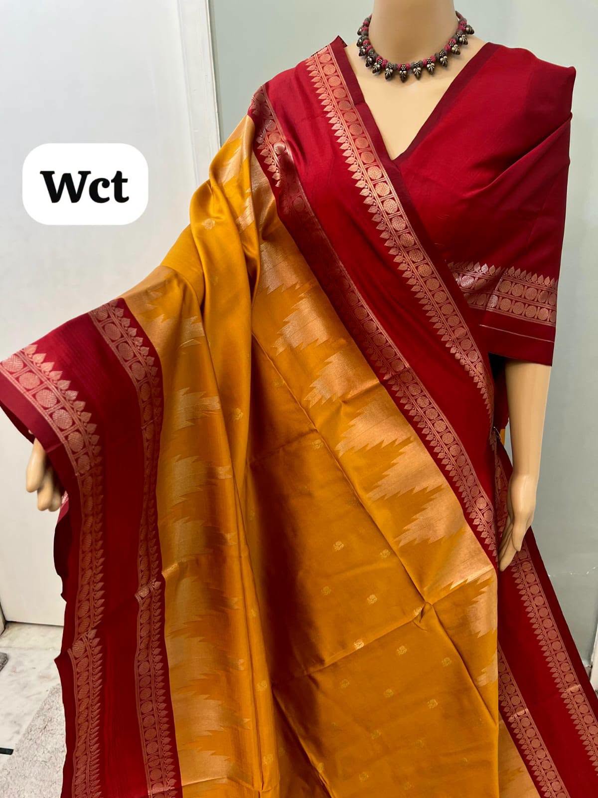 Golden-mustard and Maroon - Kadiyal Paithani soft silk saree