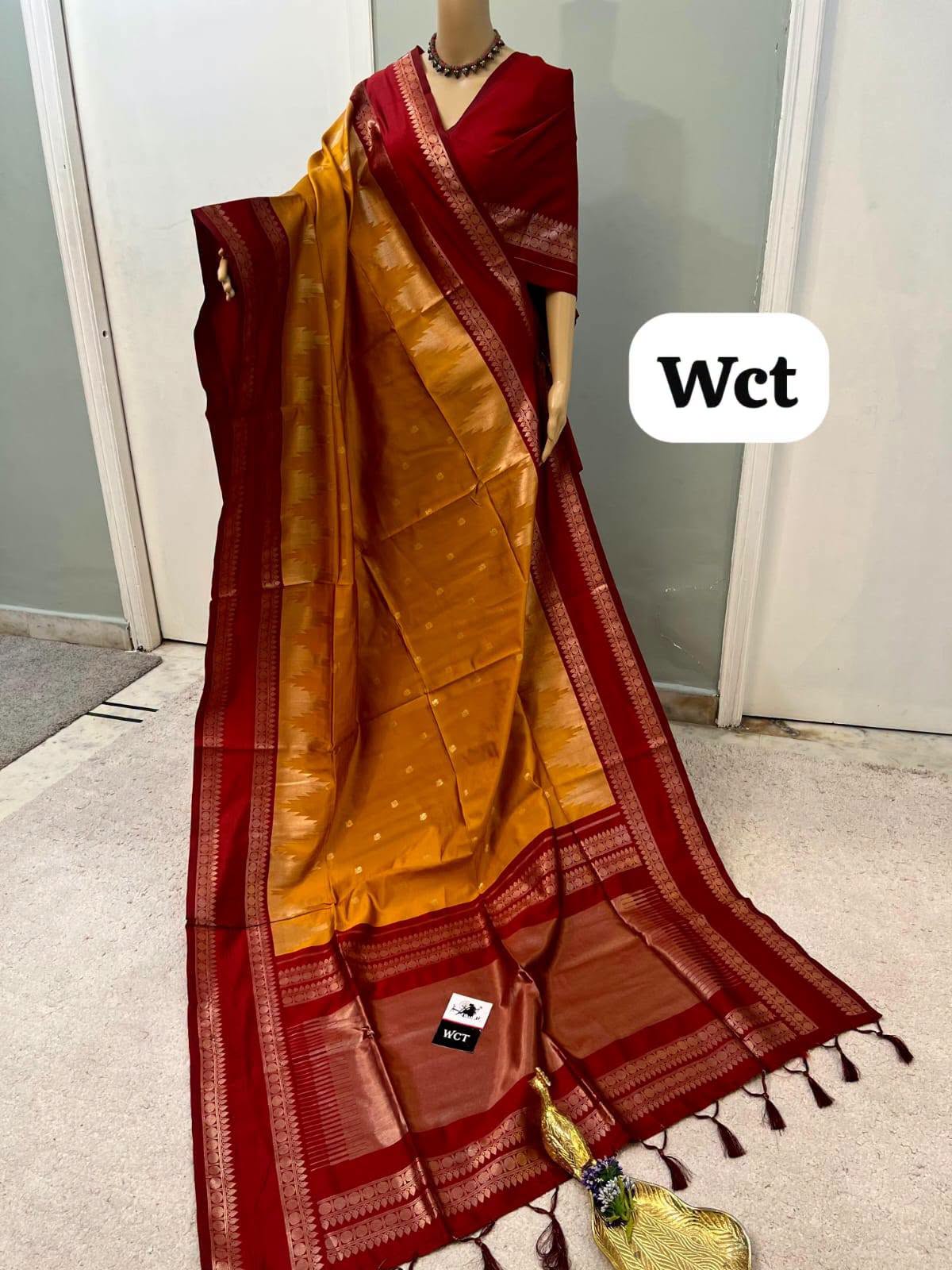 Golden-mustard and Maroon - Kadiyal Paithani soft silk saree