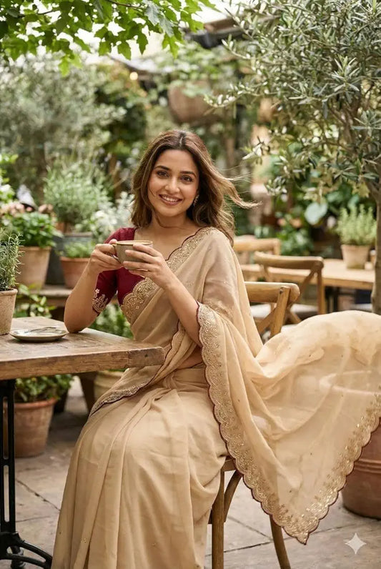Woman in a beige saree sitting outdoors in a garden setting