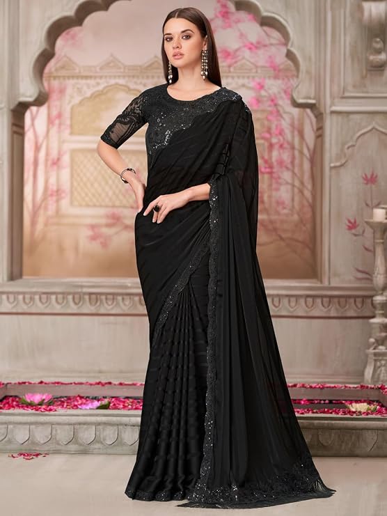 Black Georgette Designer Saree with Embellished Blouse | Cocktail Party Wear Saree