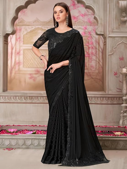 Black Georgette Designer Saree with Embellished Blouse | Cocktail Party Wear Saree