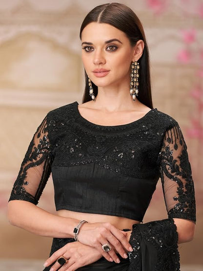 Black Georgette Designer Saree with Embellished Blouse | Cocktail Party Wear Saree