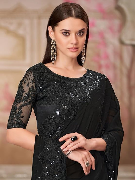 Black Georgette Designer Saree with Embellished Blouse | Cocktail Party Wear Saree
