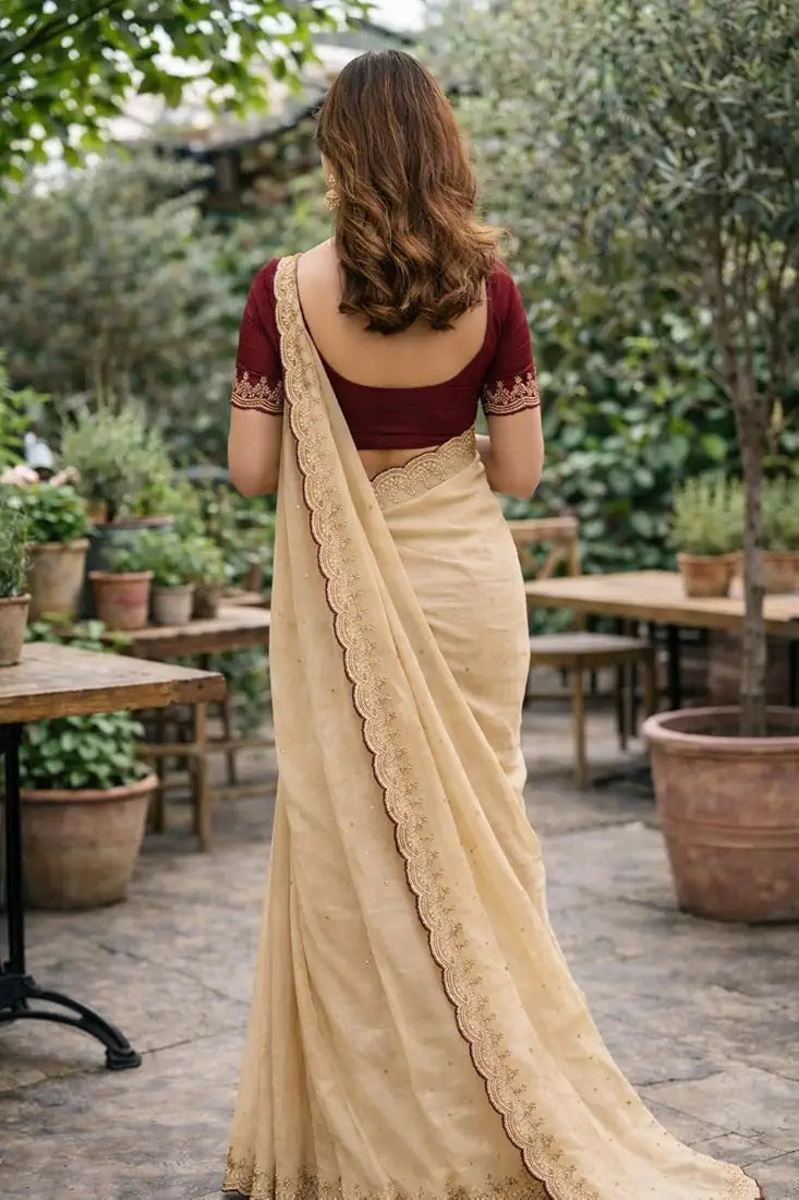 Woman in a beige saree with a maroon blouse standing in an outdoor setting with plants and tables.