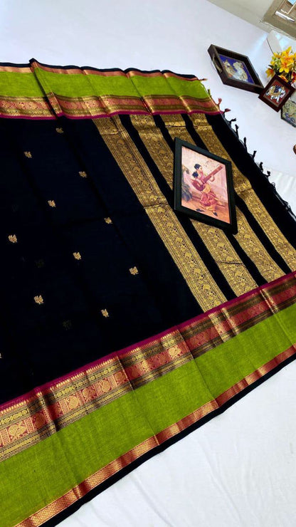 Black and apple green kanchi cotton saree