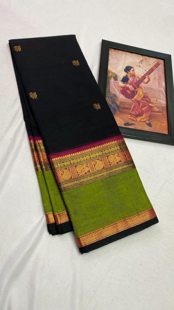 Black and apple green kanchi cotton saree