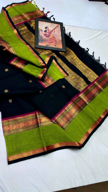 Black and apple green kanchi cotton saree