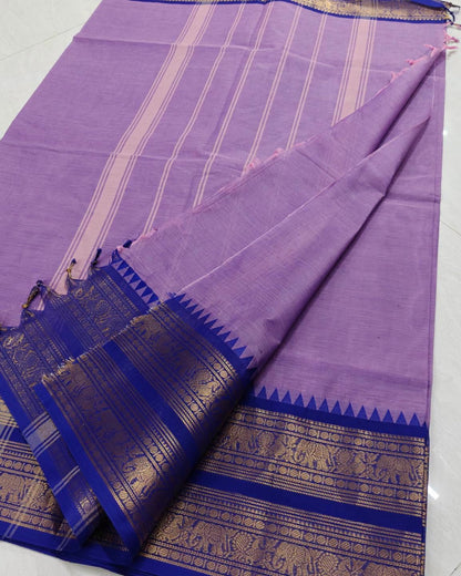 Lavender Purple Kanchi Cotton Saree with Royal Blue Gold Zari Border