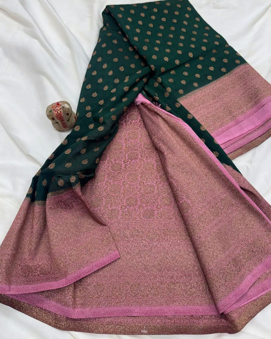 Antique Jari Chinon Georgette Saree with Rich Heavy Pallu & Contrast Blouse