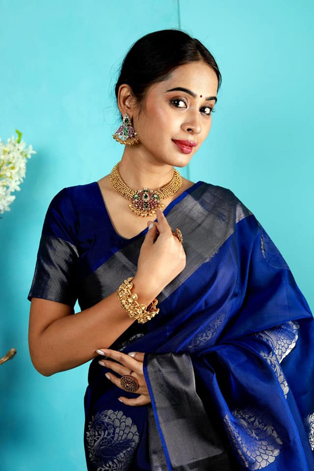 Pure silk silver and Navy Blue saree