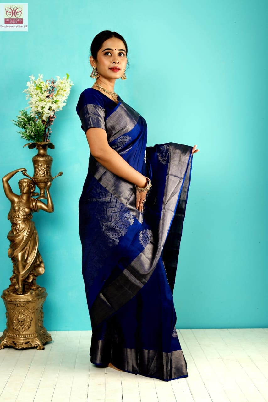 Pure silk silver and Navy Blue saree