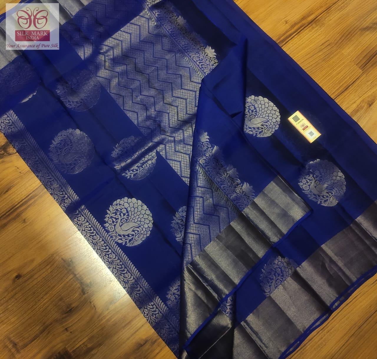 Pure silk silver and Navy Blue saree