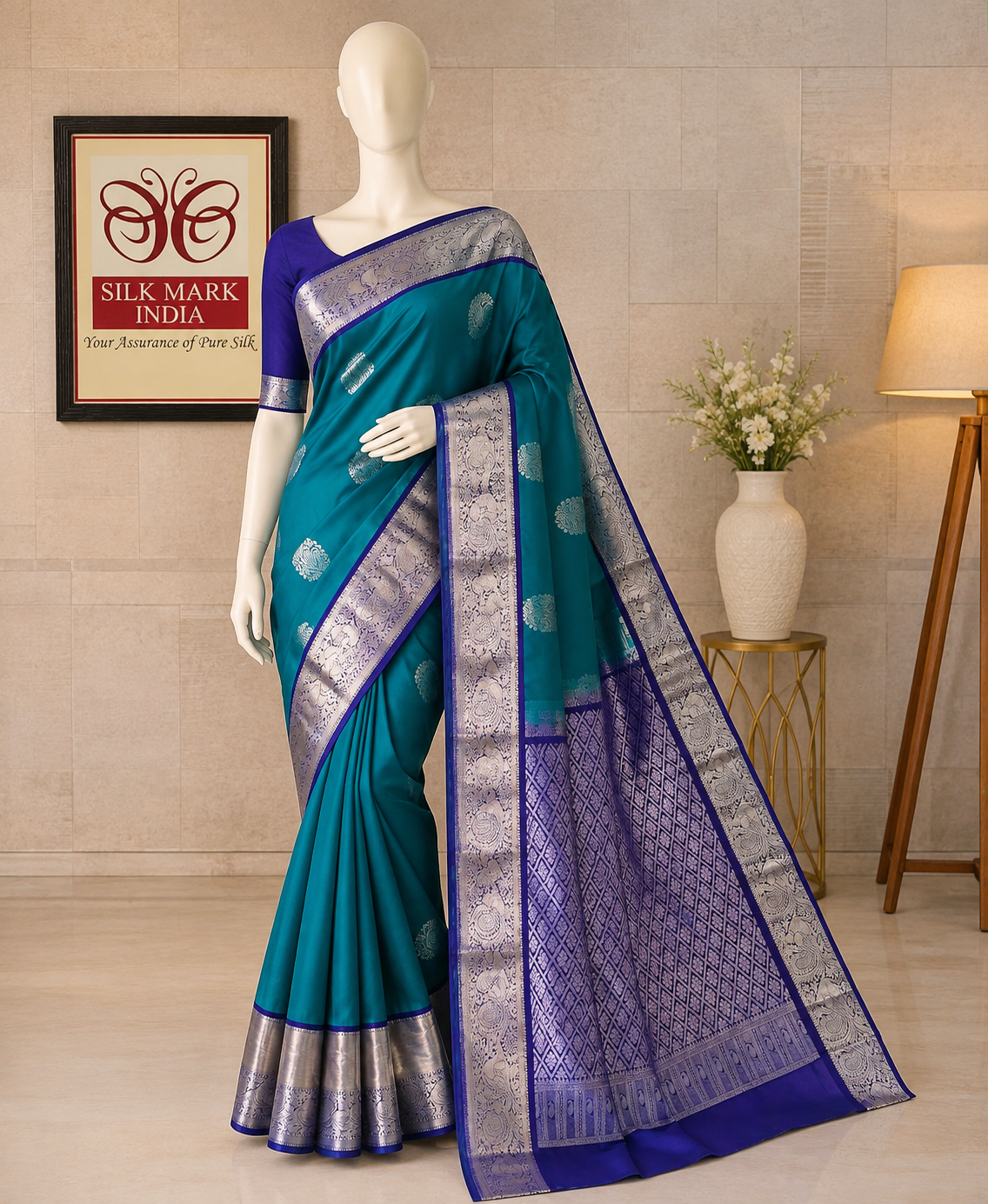 Teal Blue Silk Saree with Silver Zari Border Pure Silk Mark Certified Kanchipuram Silk Saree