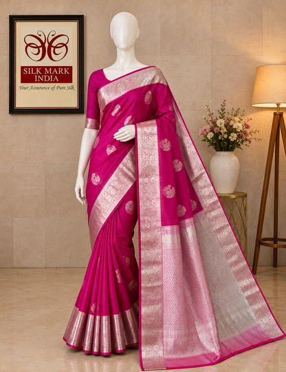 Magenta Pink Silk Saree with Silver Zari Border | Indian Silk Saree