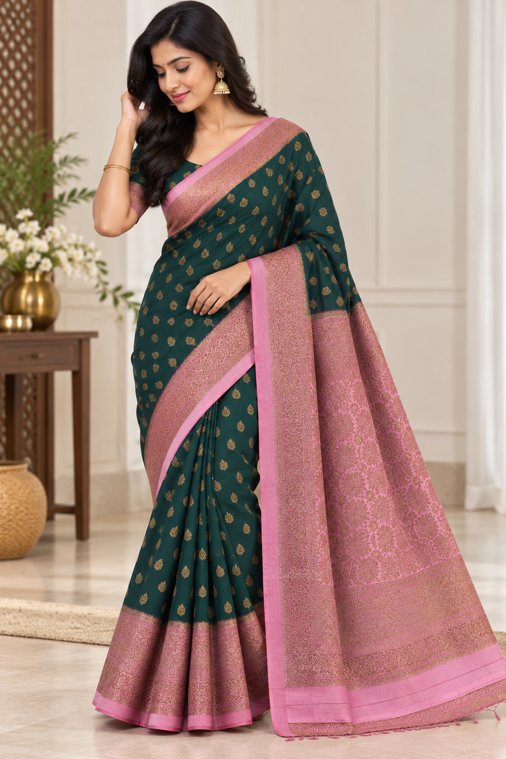 Antique Jari Chinon Georgette Saree with Rich Heavy Pallu & Contrast Blouse