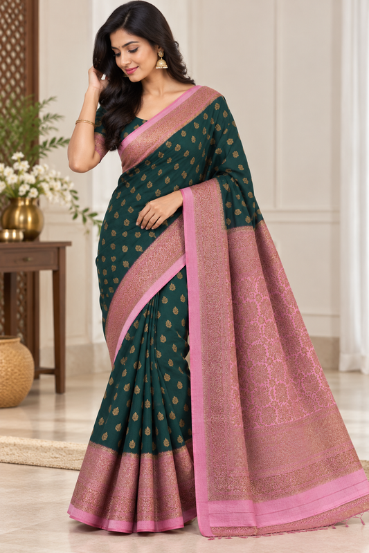 Antique Jari Chinon Georgette Saree with Rich Heavy Pallu & Contrast Blouse