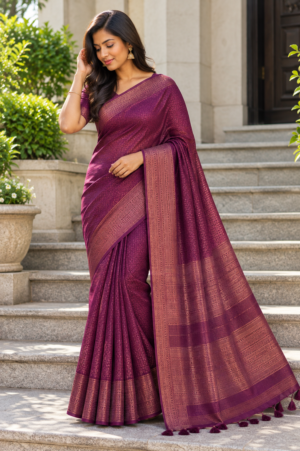 Deep Plum Purple Saree with Antique Gold Woven Border