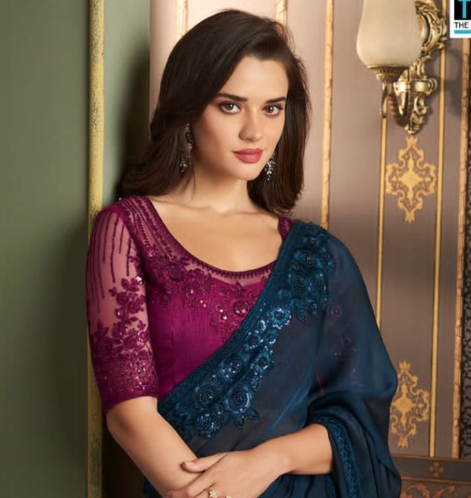 Magenta and deep blue designer partywear saree
