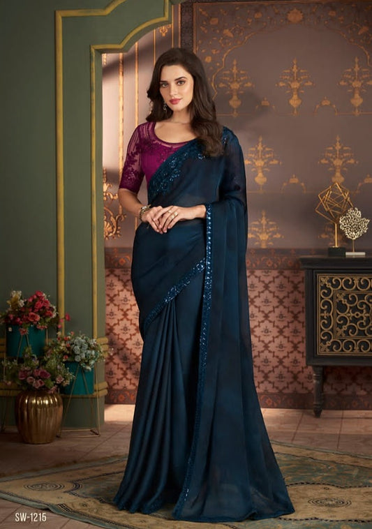 Magenta and deep blue designer partywear saree