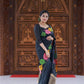 Leaf design black soft silk saree