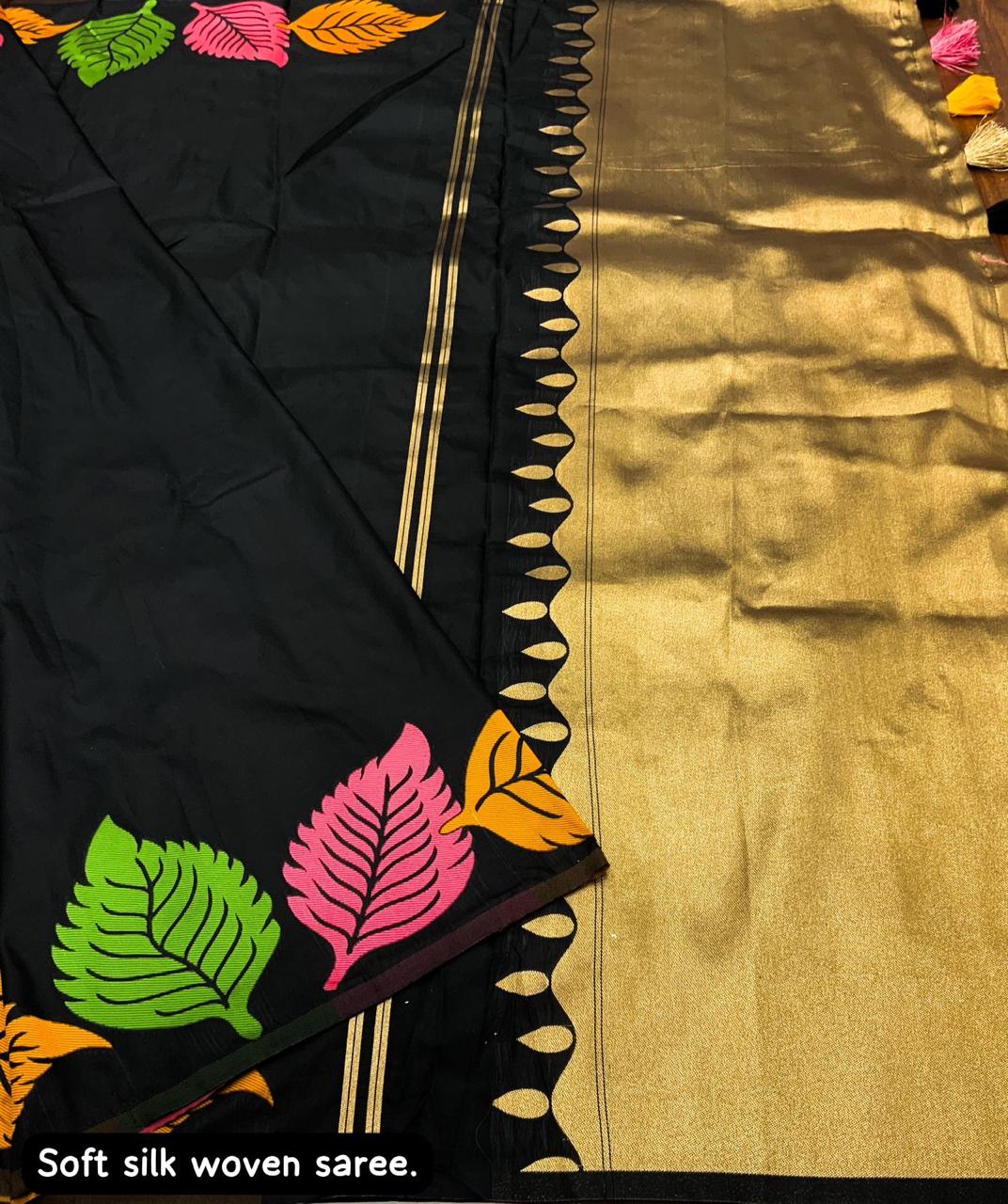 Leaf design black soft silk saree