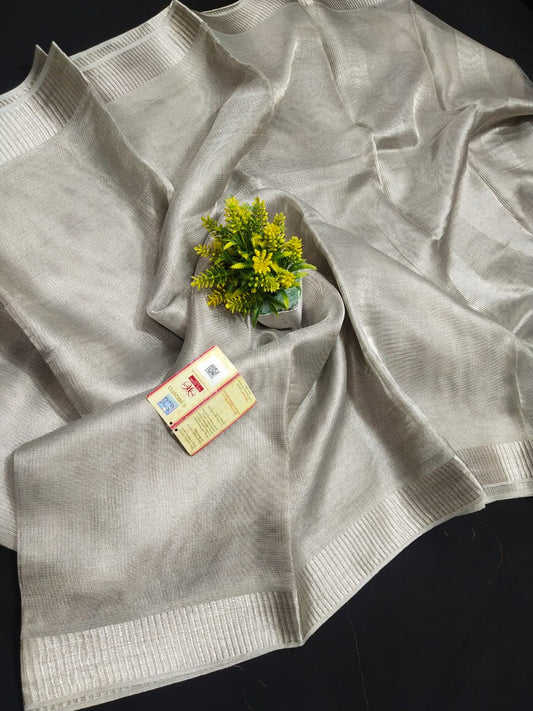 Silver Linen tiussue saree - handloom saree - Gold