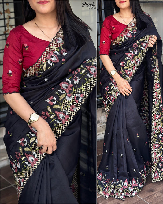 Black Visca Slub Silk Saree with Cutwork Embroidery