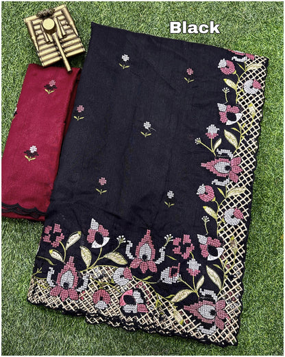 Black visca slub silk saree