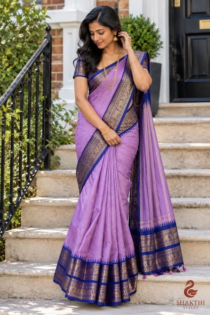 Lavender Purple Kanchi Cotton Saree with Royal Blue Gold Zari Border