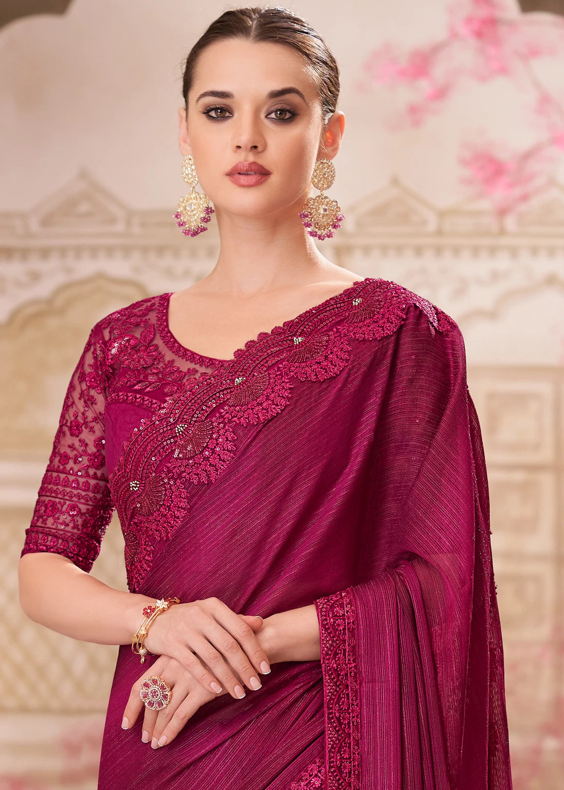 Magenta Chiffon Designer Saree with Embroidered Blouse | Party Wear Saree