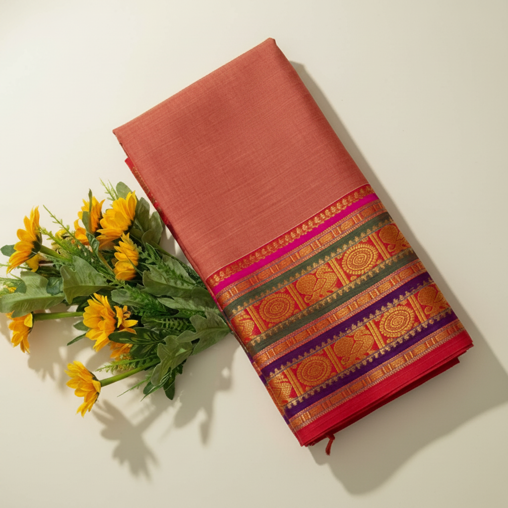 A folded terracotta-colored fabric saree or cloth with a highly detailed, colorful traditional border pattern, displayed on a woven tray next to yellow flowers on a dark wood surface.