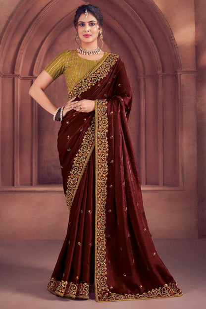 Chocolate Brown Organza Embroidered Saree