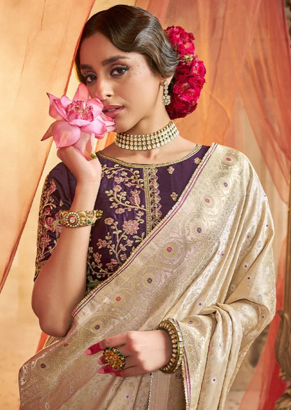 Light Beige Weaved Zari Lightweight Silk Saree