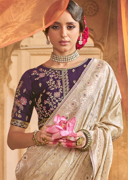 Light Beige Weaved Zari Lightweight Silk Saree