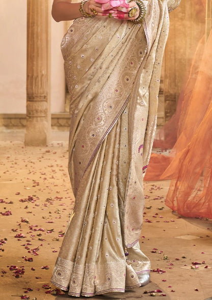 Light Beige Weaved Zari Lightweight Silk Saree