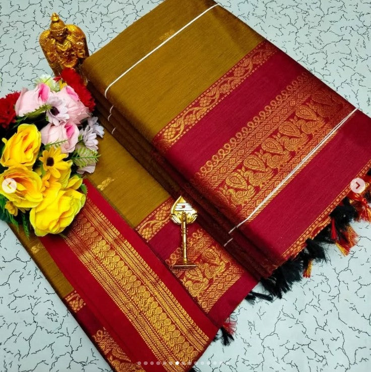 Traditional Mustard and Maroon kalyani cotton saree