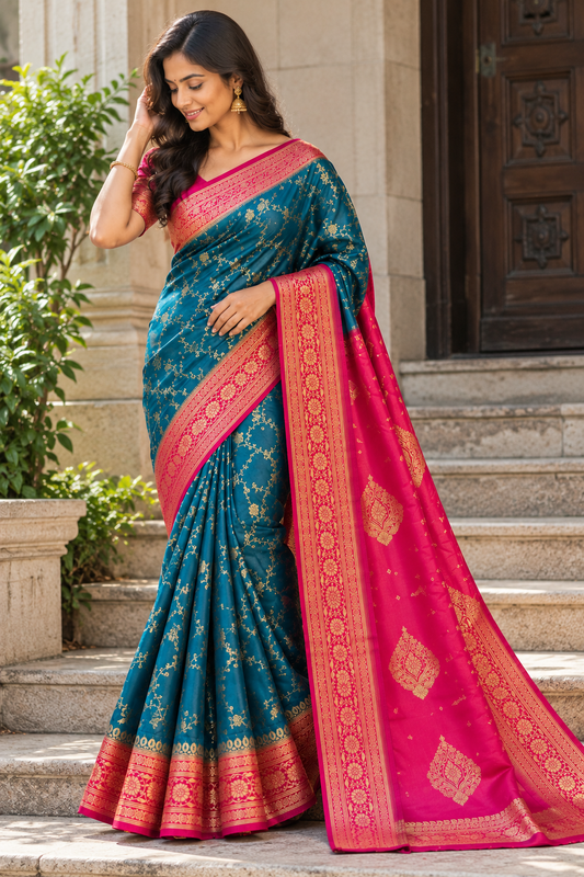 Pure Banarasi Silk Saree in Teal Blue with Magenta Pink Contrast Pallu and Gold Zari Work