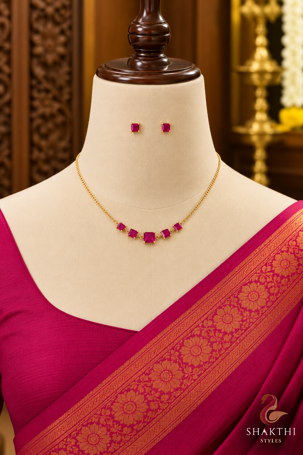 Gold Plated Necklace and Stud Earrings Set with Square Coloured Stones