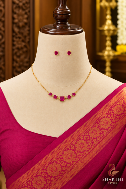 Gold Plated Necklace and Stud Earrings Set with Square Coloured Stones