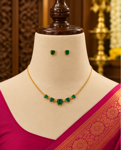 Gold Plated Necklace and Stud Earrings Set with Square Coloured Stones