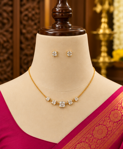 Gold Plated Necklace and Stud Earrings Set with Square Coloured Stones
