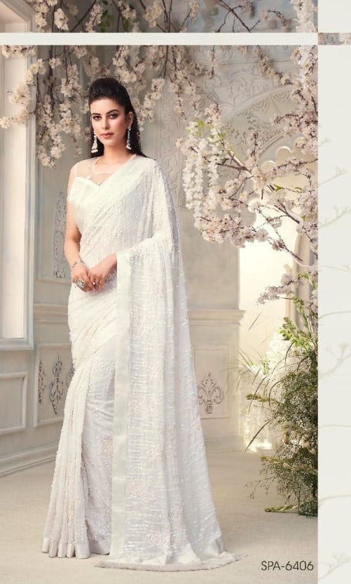White saree Designer sequins saree in georgette - party wear saree - wedding saree, saree for women