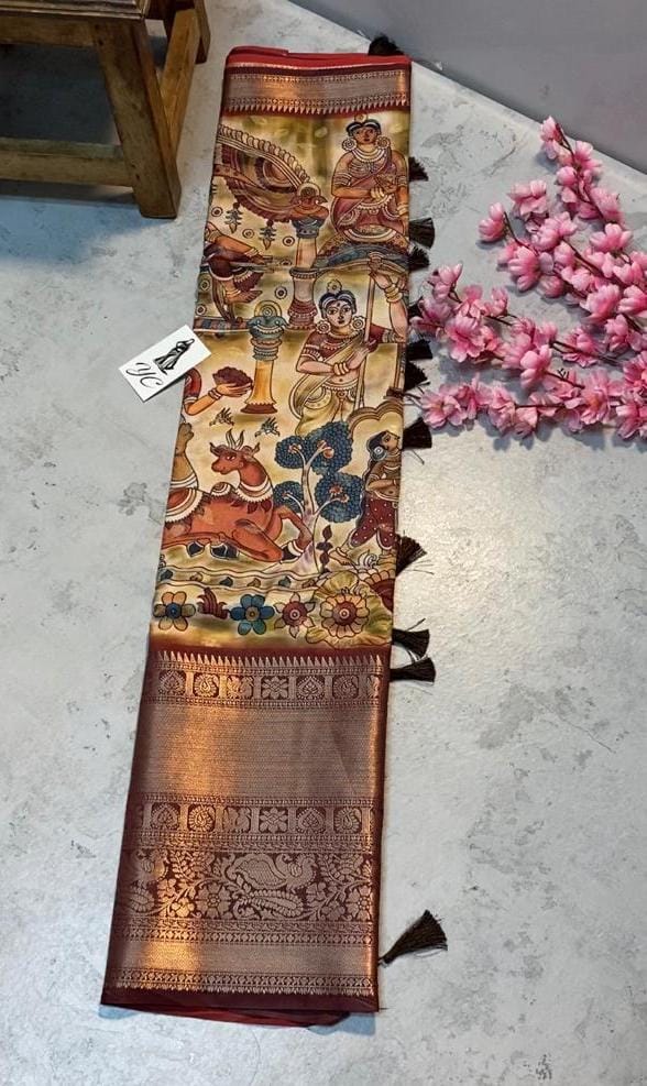 Kalamkari print with zari work border saree