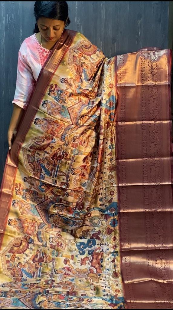 Kalamkari print with zari work border saree