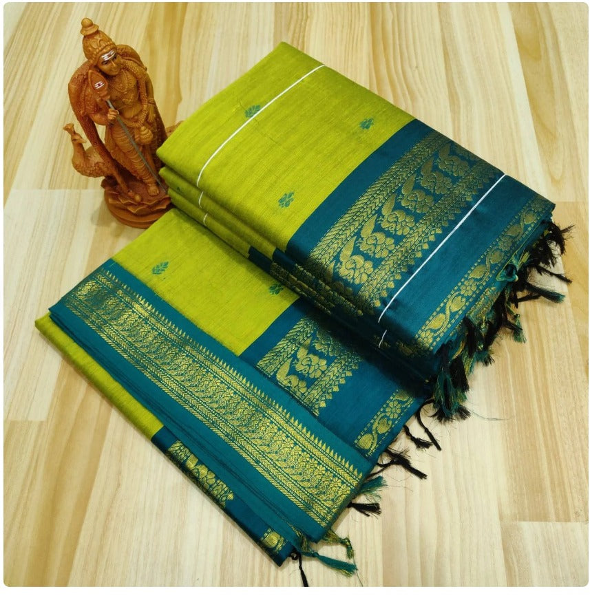 Kalyani Cotton Gatwal saree turquoise and parrot green