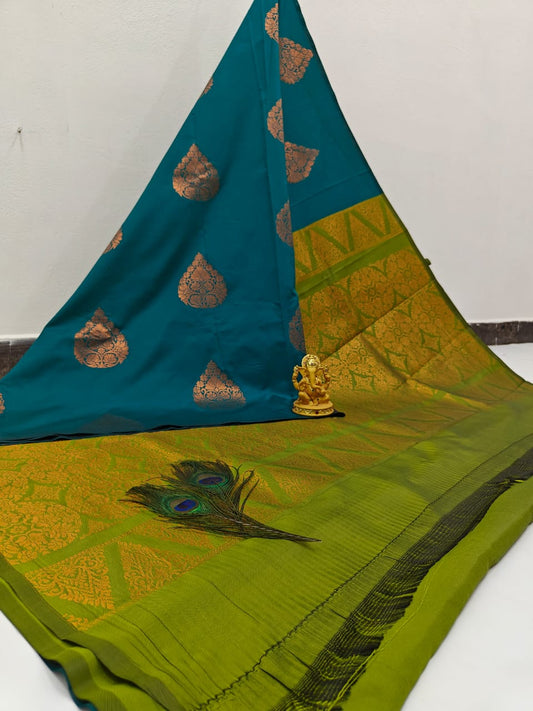 Turquoise with Green soft silk saree
