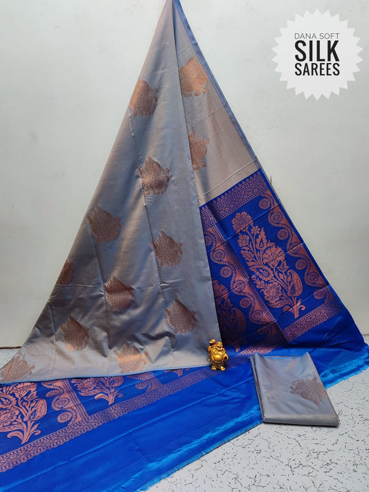 Gray and Blue soft silk borderless saree