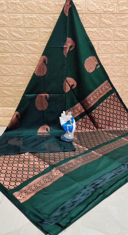 Copper with bottle green soft silk saree