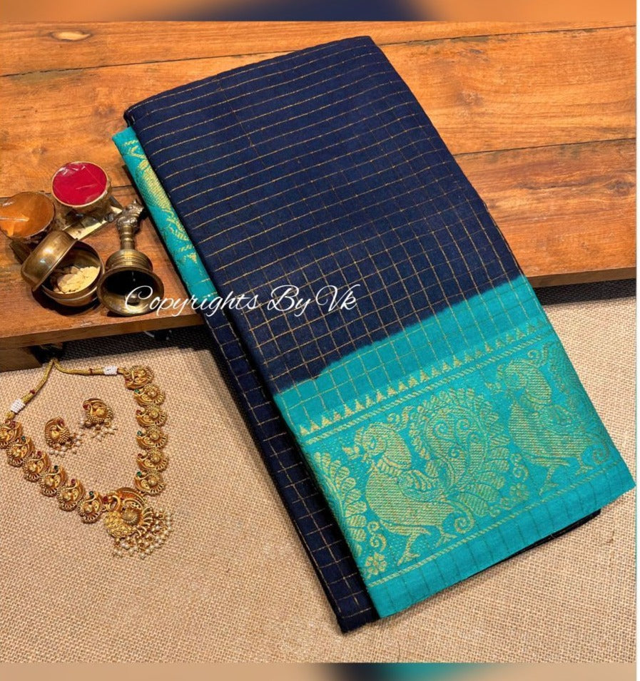 Turquoise and navy blue saree Madurai sungudi cotton saree